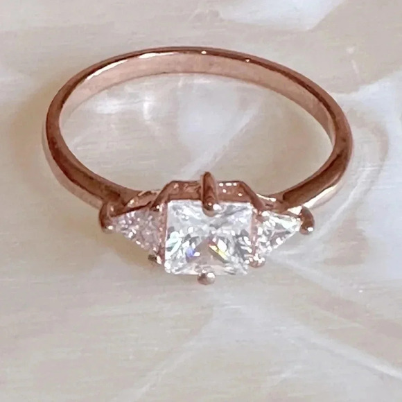 Boutique Jewelry - Princess Cut 18k Rose Gold Coated Over Brass Dainty 3 Stone Promise Ring